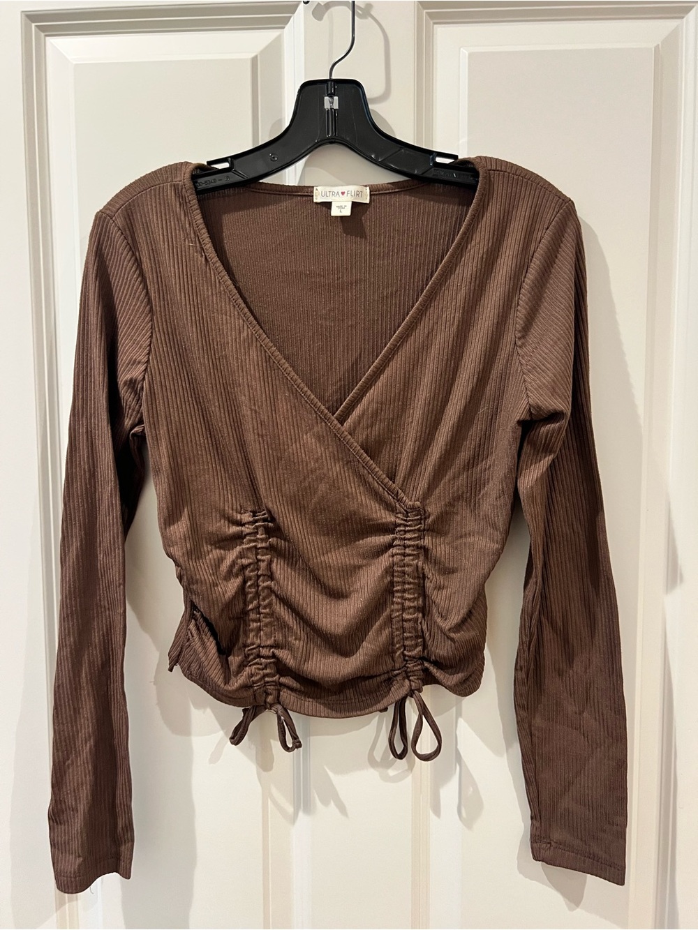 Ultra Flirt Brown Ribbed Wrap Front Long Sleeve Top